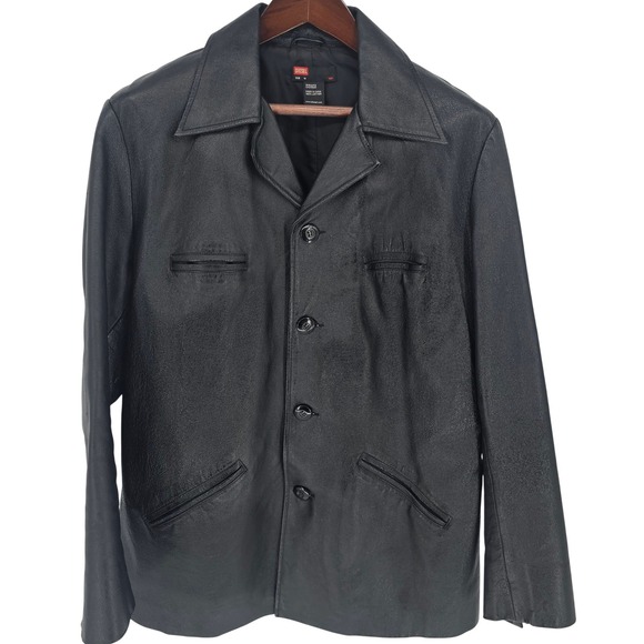 Diesel Mens Black Leather Blazer Jacket Coat Button Front Notch Lapel Moto Style